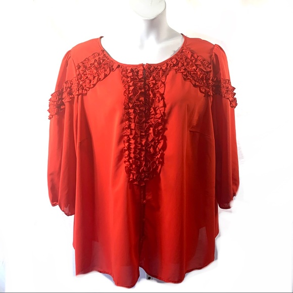Denim 24/7 Tops - Exaggerated Ruffle Top Denim 24/7 Blouse Sz 22W Red 3/4 Sleeve Poly Spandex